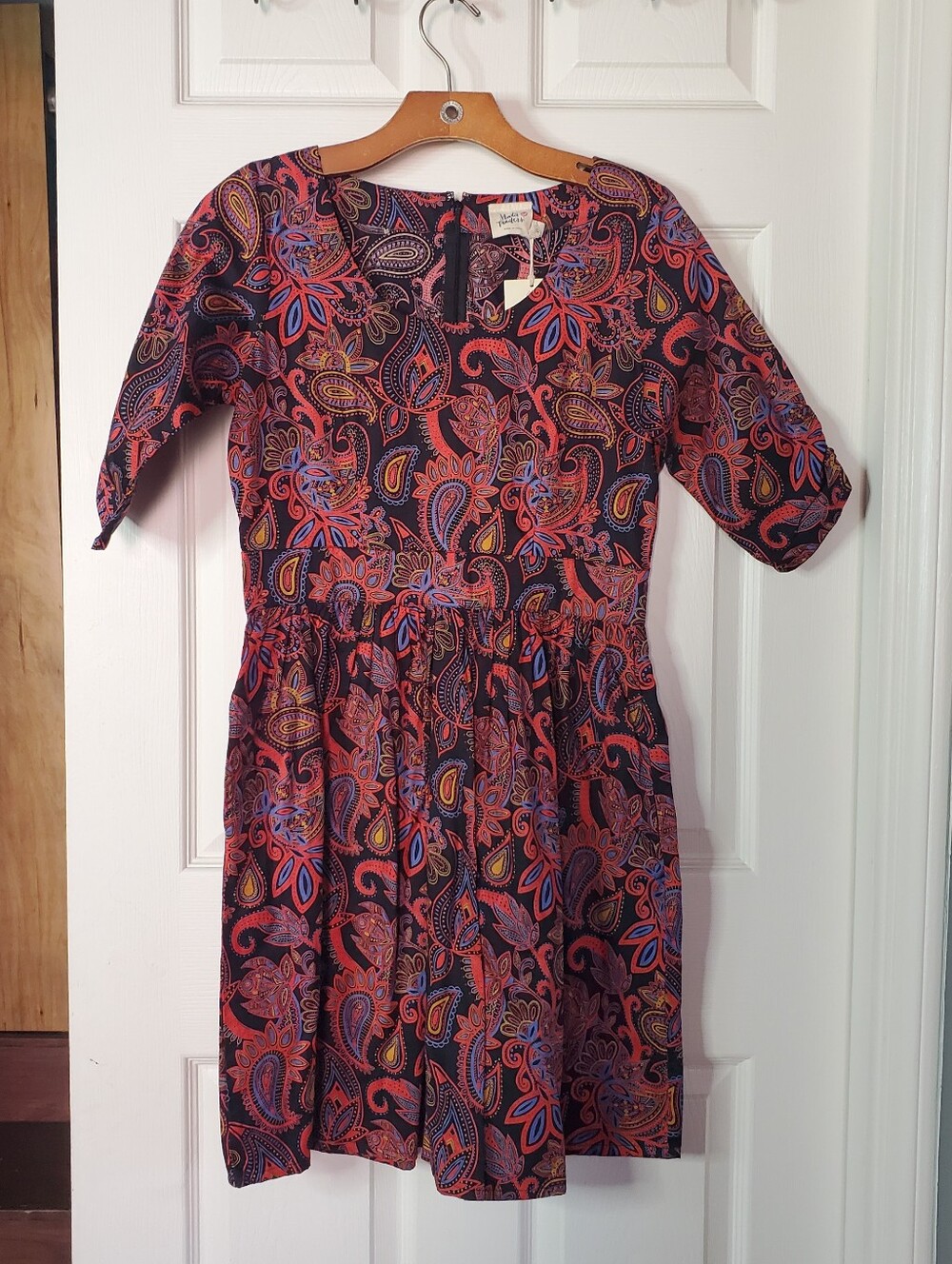 Mata Traders Fair Trade Dress Paisley Bohemian Peasant Woth Pockets Red Black XS